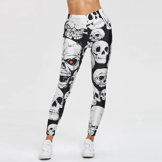 Women Leggings Skull Print Mid Waist Slim Pencil Pants Push Up Slim Legging