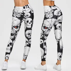 Women Leggings Skull Print Mid Waist Slim Pencil Pants Push Up Slim Legging