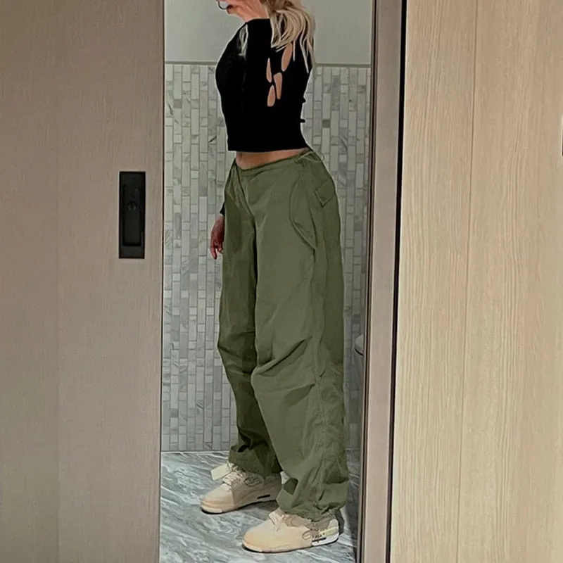 Women Y2K Cargo Pants Solid Low Waist Sweatpants Drawstring Wide Leg Baggy Trousers 2023 Summer Streetwear Punk Casual Tech Pant