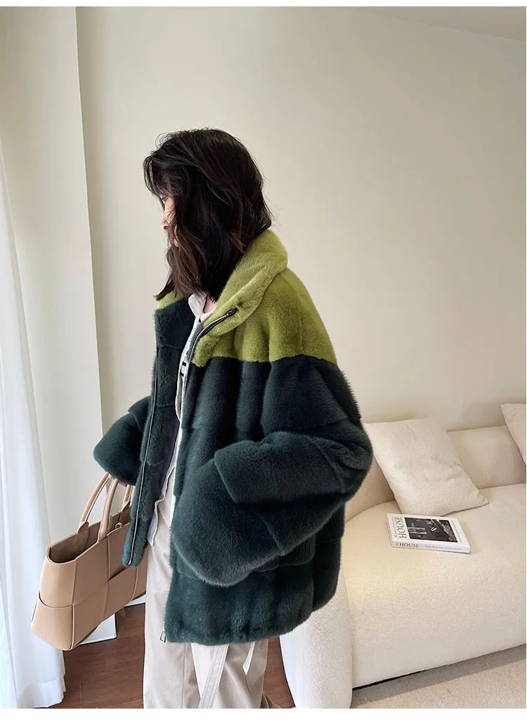 Women's Casual Striped Pattern Warm Natural Real Mink Fur Winter Jacket