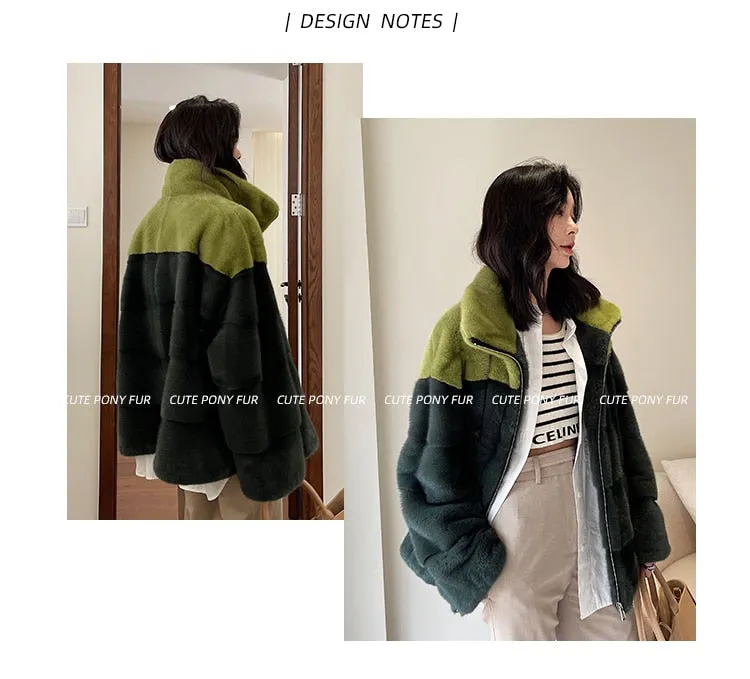 Women's Casual Striped Pattern Warm Natural Real Mink Fur Winter Jacket