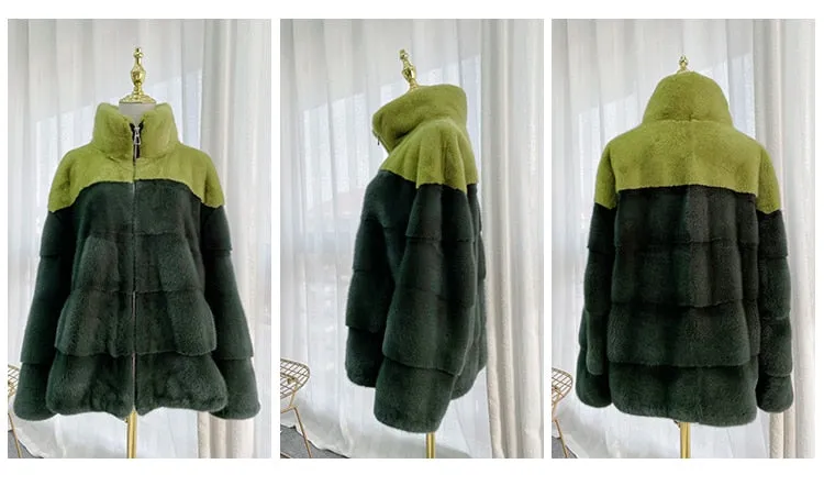 Women's Casual Striped Pattern Warm Natural Real Mink Fur Winter Jacket