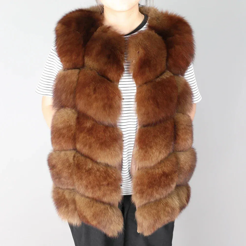 Women's Luxury Real Fox Fur Striped Sleeveless Winter Warm Jacket