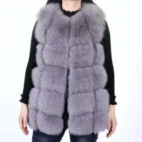 Women's Luxury Real Fox Fur Striped Sleeveless Winter Warm Jacket