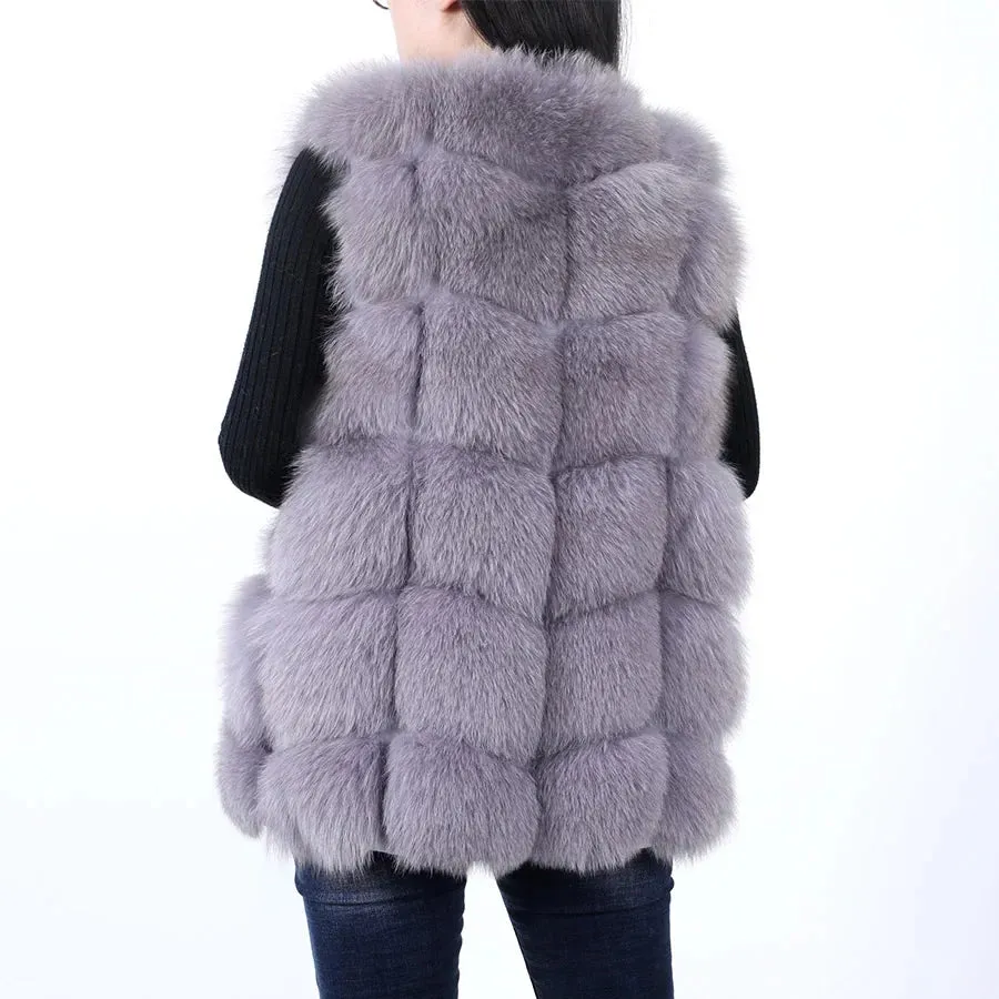 Women's Luxury Real Fox Fur Striped Sleeveless Winter Warm Jacket