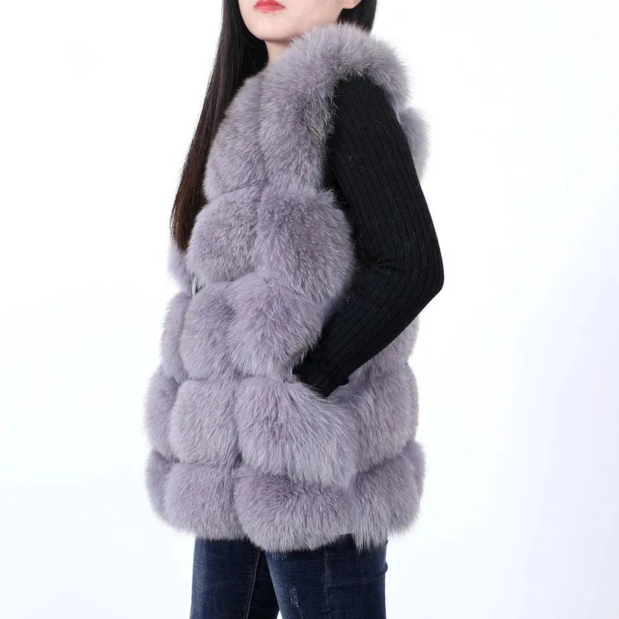 Women's Luxury Real Fox Fur Striped Sleeveless Winter Warm Jacket