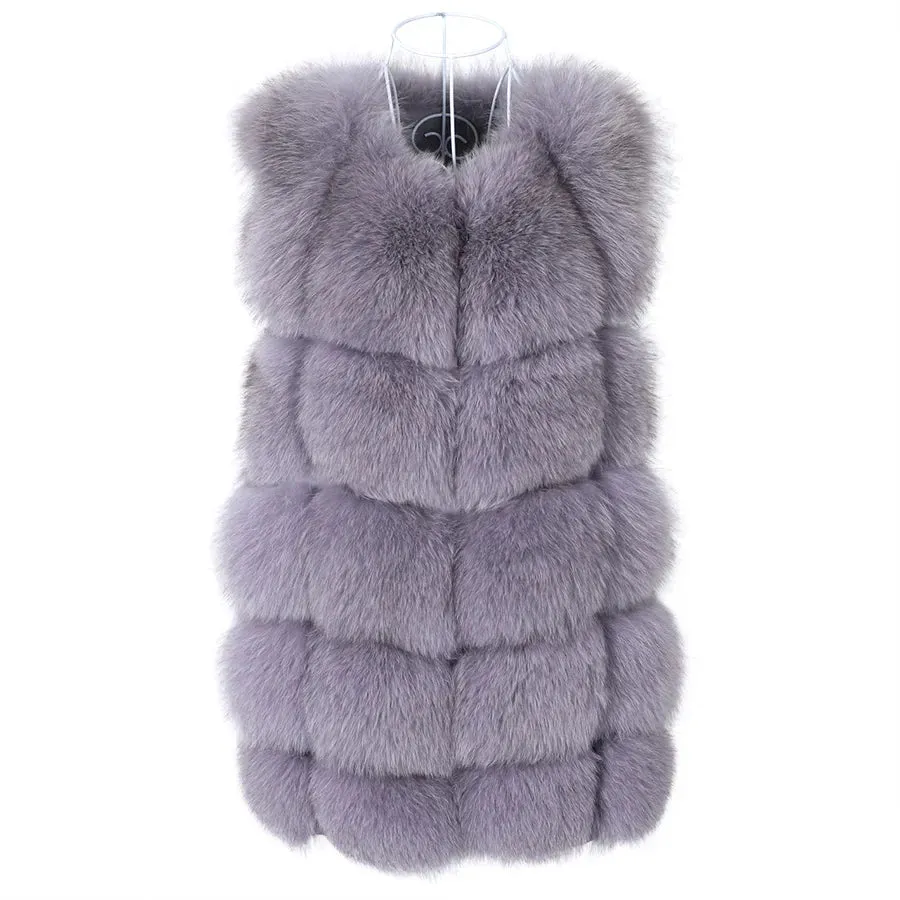 Women's Luxury Real Fox Fur Striped Sleeveless Winter Warm Jacket