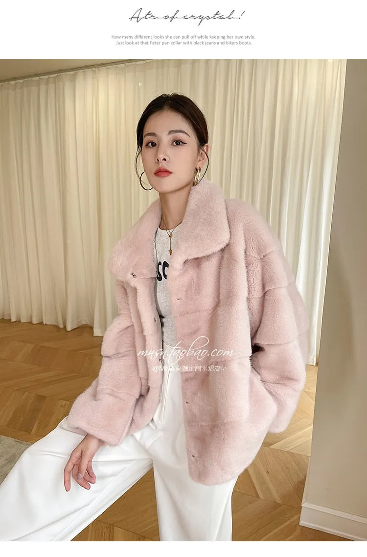 Women's Winter Warm Solid Double-faced Natural Real Mink Fur Slim Jacket