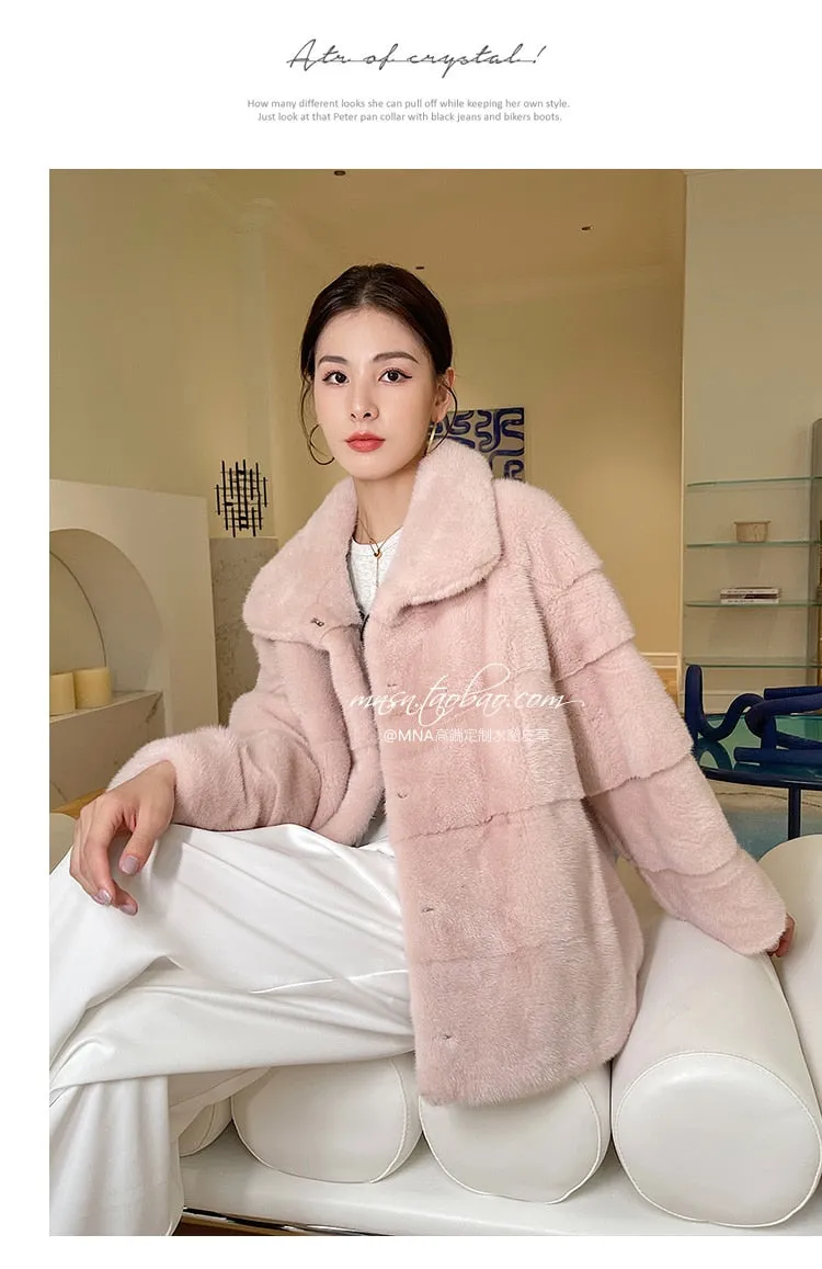 Women's Winter Warm Solid Double-faced Natural Real Mink Fur Slim Jacket