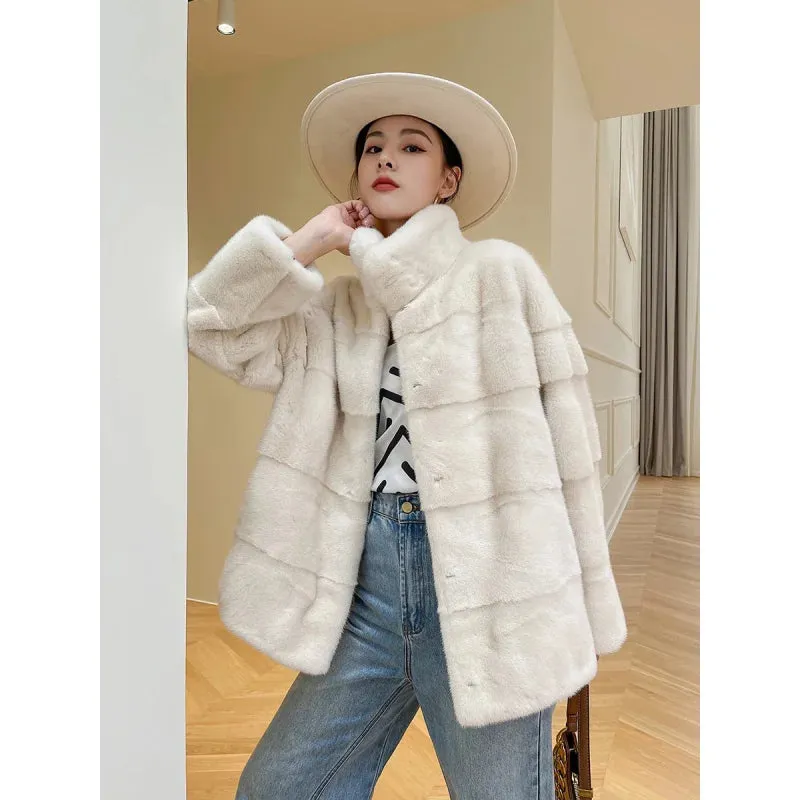 Women's Winter Warm Solid Double-faced Natural Real Mink Fur Slim Jacket