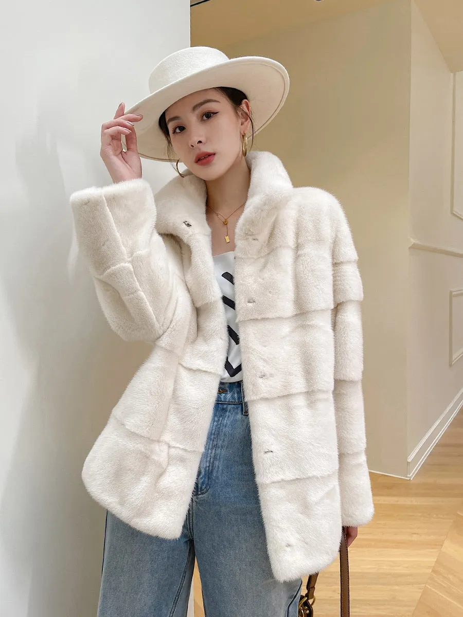 Women's Winter Warm Solid Double-faced Natural Real Mink Fur Slim Jacket