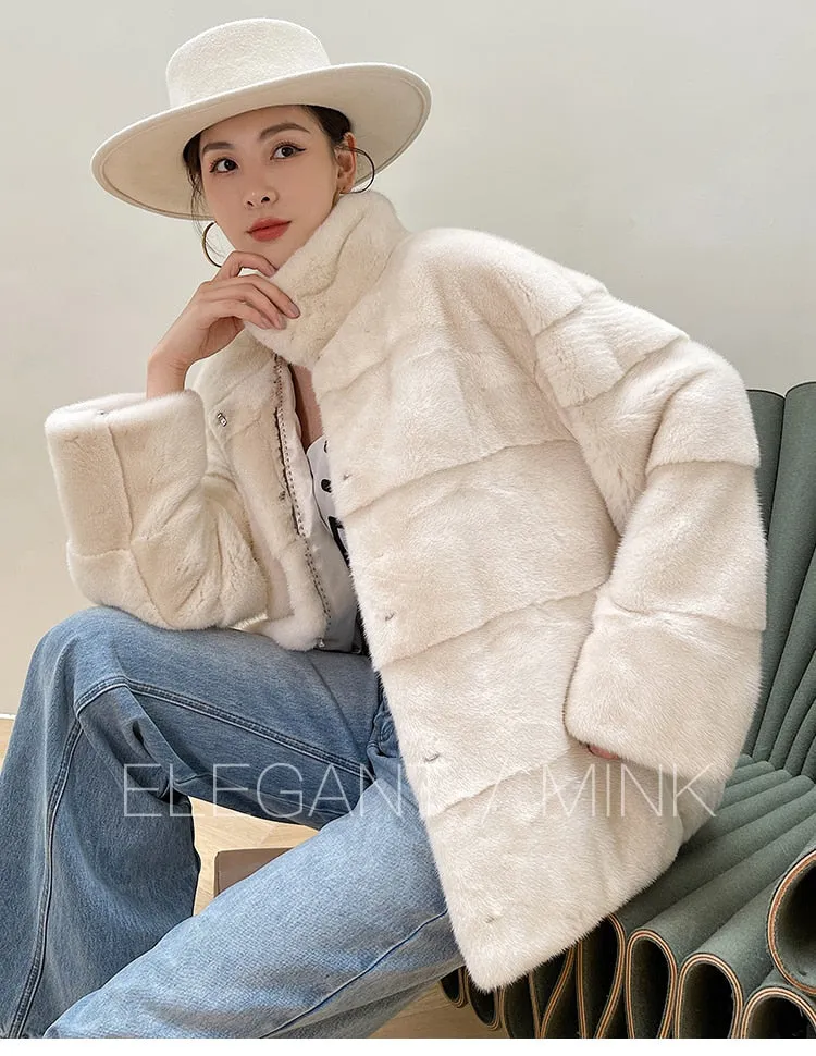 Women's Winter Warm Solid Double-faced Natural Real Mink Fur Slim Jacket